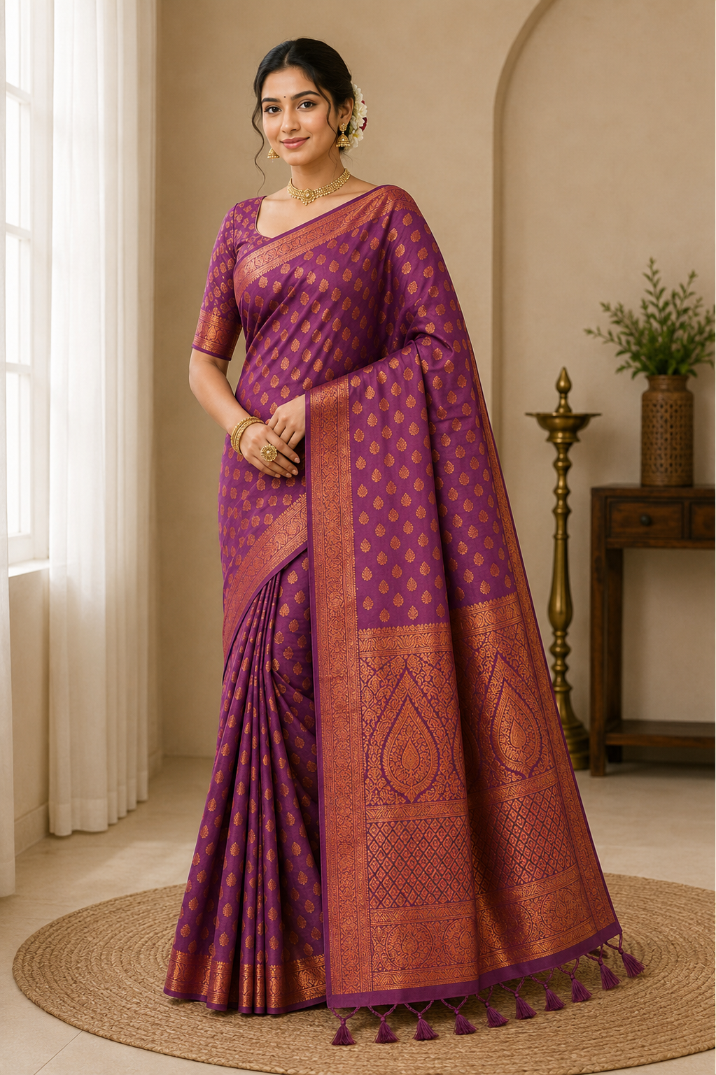 Semi Raw Silk Banarasi Saree With Zari Work| Wine