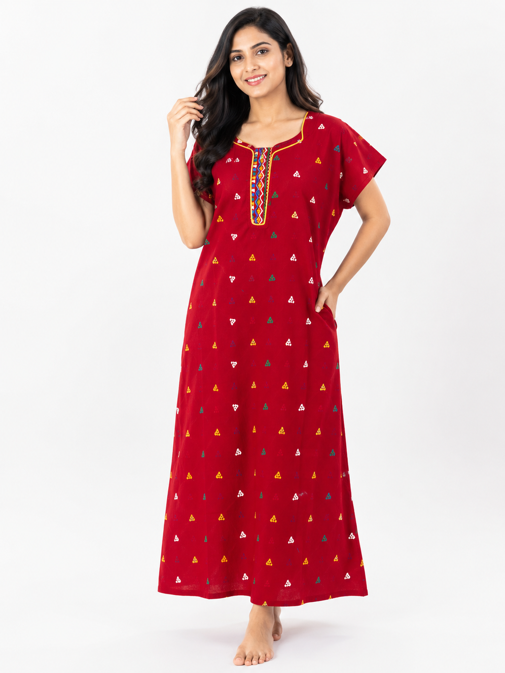 Pure Cotton Half Sleeve Allen Cut Nighty | Red