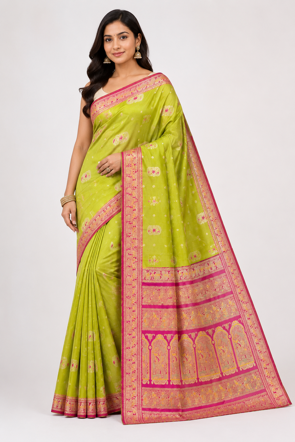 Semi Sawrnachuri Raw Silk Saree| Parrot Green