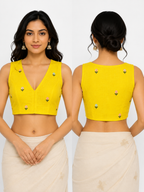 Net V Neck Sleeveless Silk Blouse | Yellow