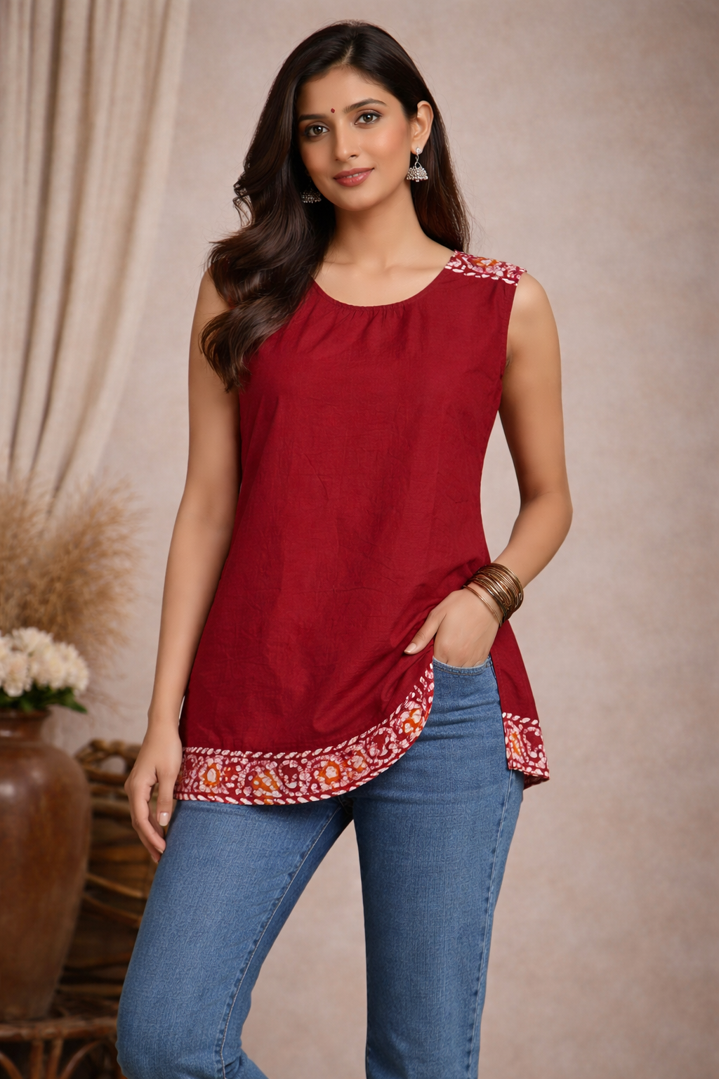 3XL SIZE |COTTON BATIK SHORT SLEEVELESS KURTI | RED