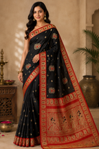 Semi Sawrnachuri Raw Silk Saree| Black