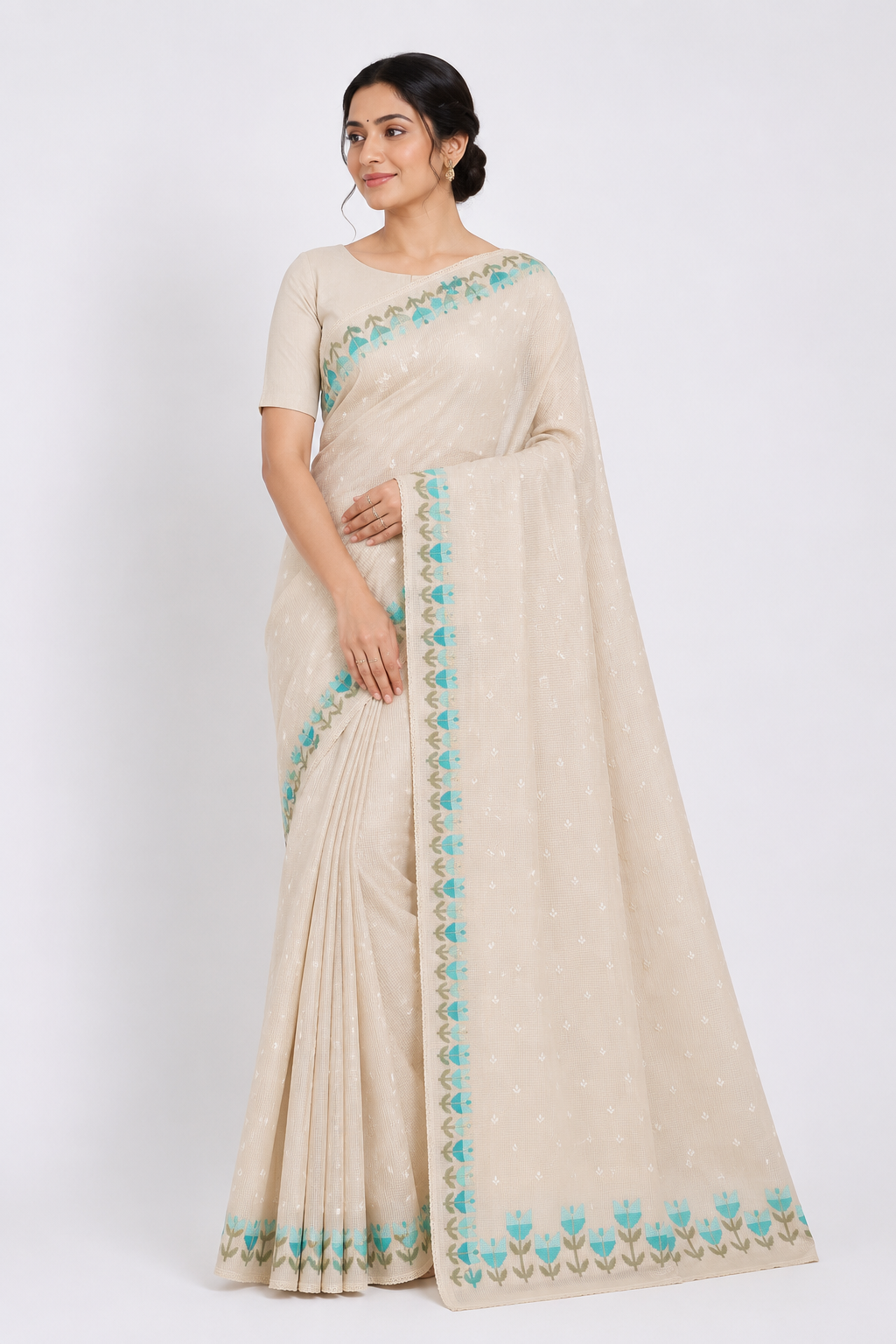 Premium Stitched Resham Kota Saree| White
