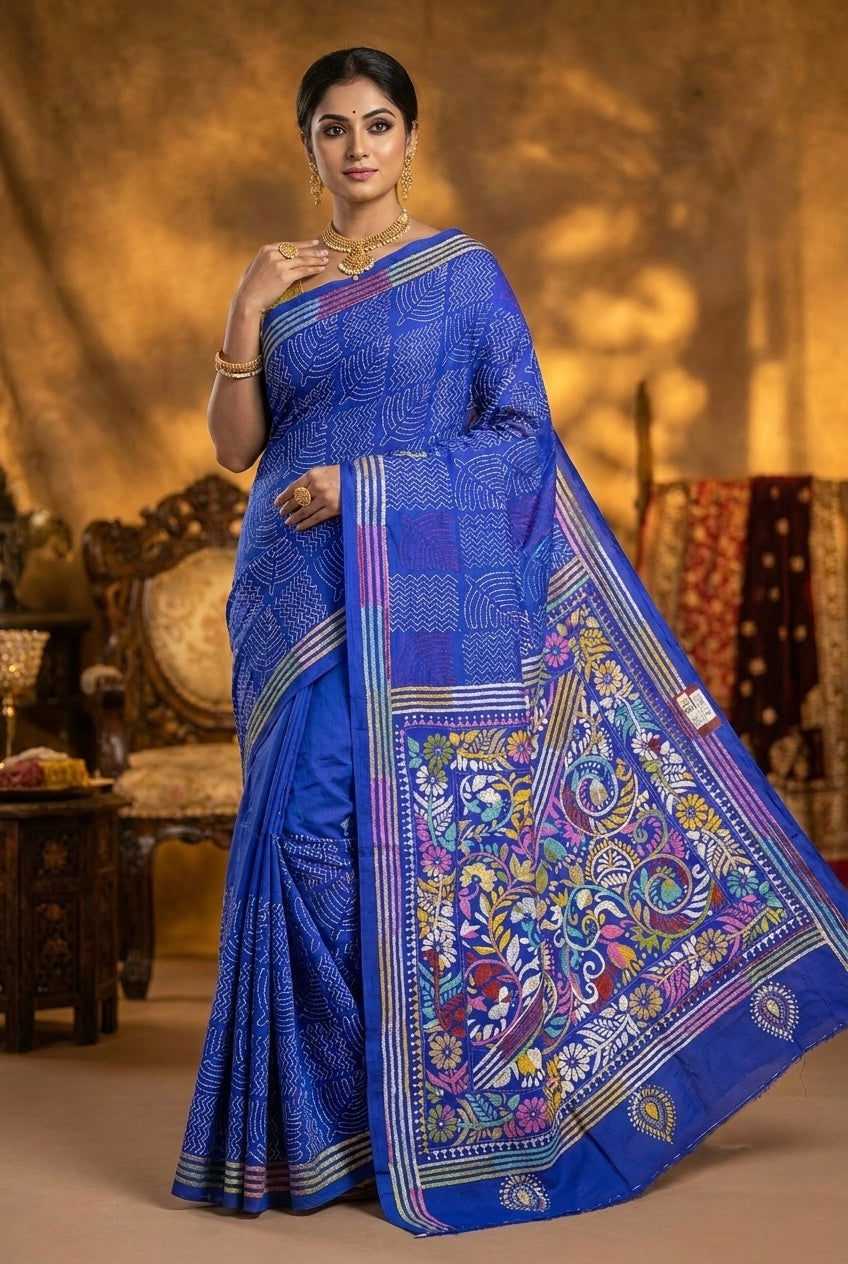 Pure Katha Stitch Silk Saree With Silkmark | Blue