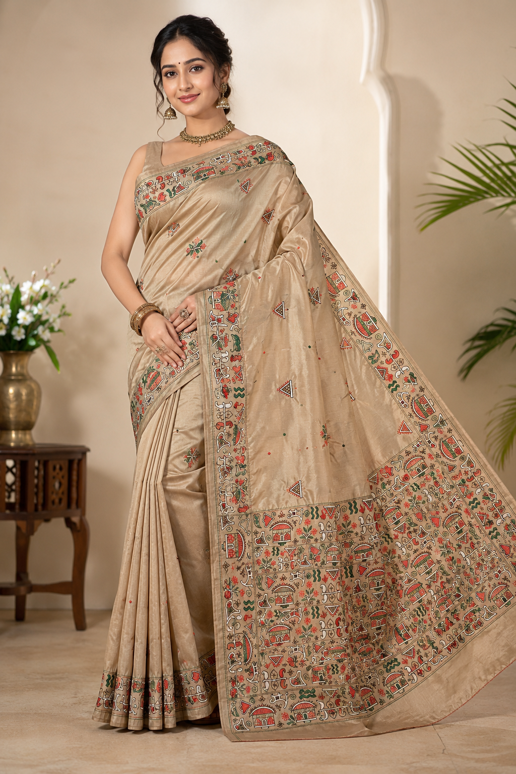 Pure Gujrati Fore Silk Saree With Silkmark | Beige