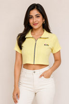 Free Size| Size Ladies Premium Crop Shirt Top| Yellow (Best fit M/ L)