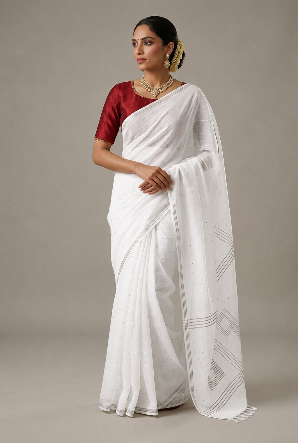 Handloom Saree With Sequence Work| White