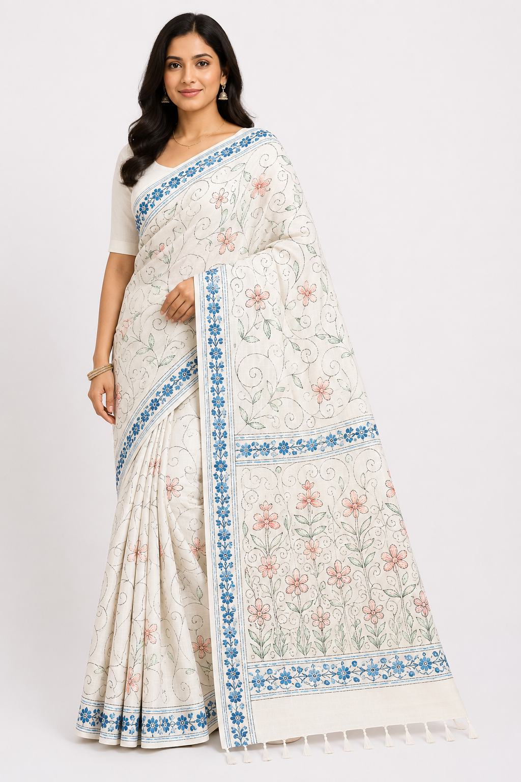 Hand Katha Stitch Silk Saree| White