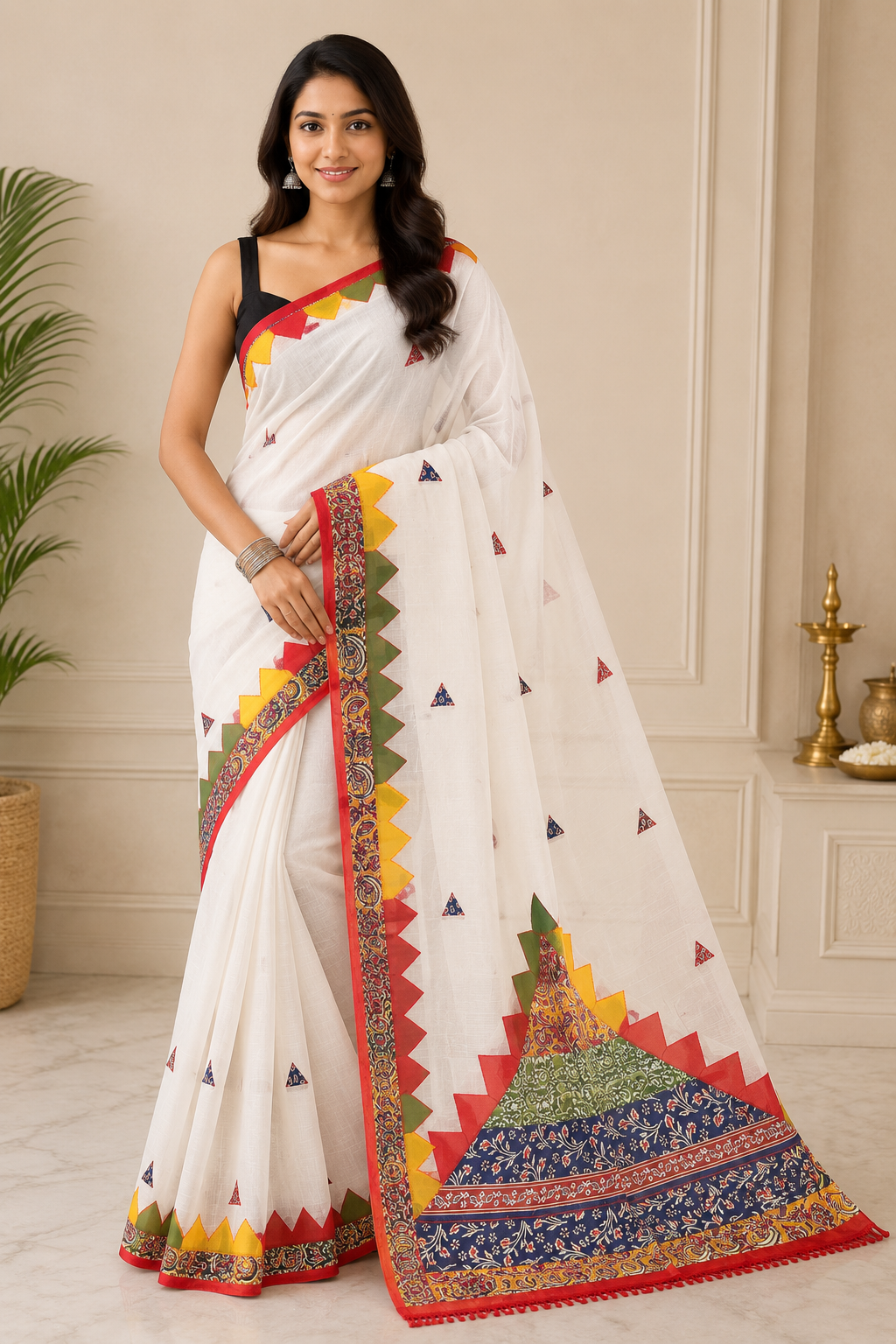 Pure Stitch work Applique Lilen Saree| White