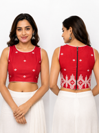 Cotton Boat Neck Sleeveless Jamdani Blouse | Red