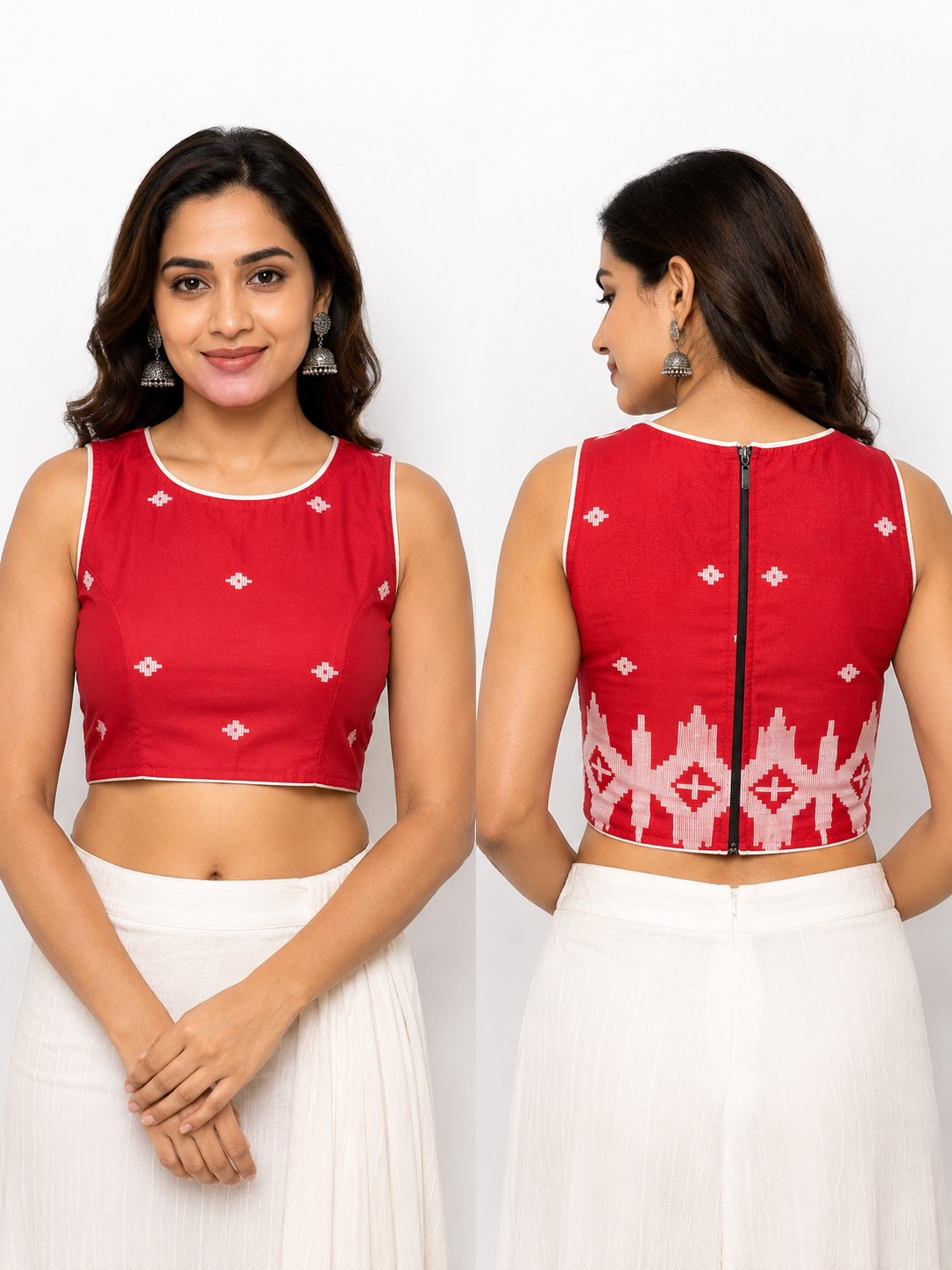 Cotton Boat Neck Sleeveless Blouse | Red
