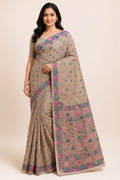 Hand Katha Stitch Silk Saree| Brown
