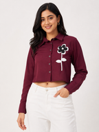 Free Size| Size Ladies Premium Crop Shirt Top| Maroon (Best fit M/ L/ XL)