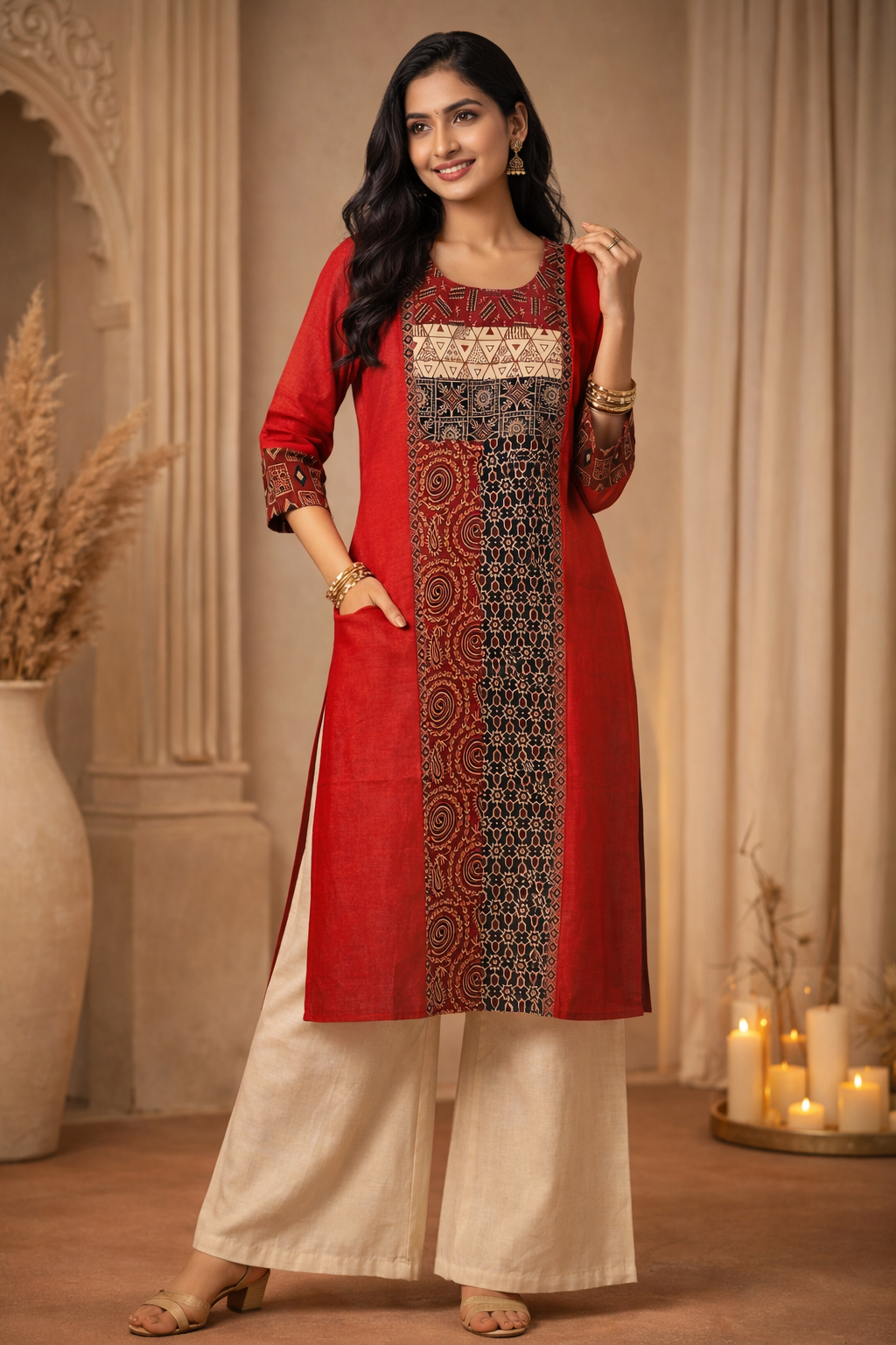XL Size|Cotton Ajrak Designer Kurti |Red