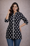 L SIZE |PURE COTTON SHORT PRINTED KURTI | BLACK