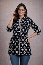 L SIZE |PURE COTTON SHORT PRINTED KURTI | BLACK