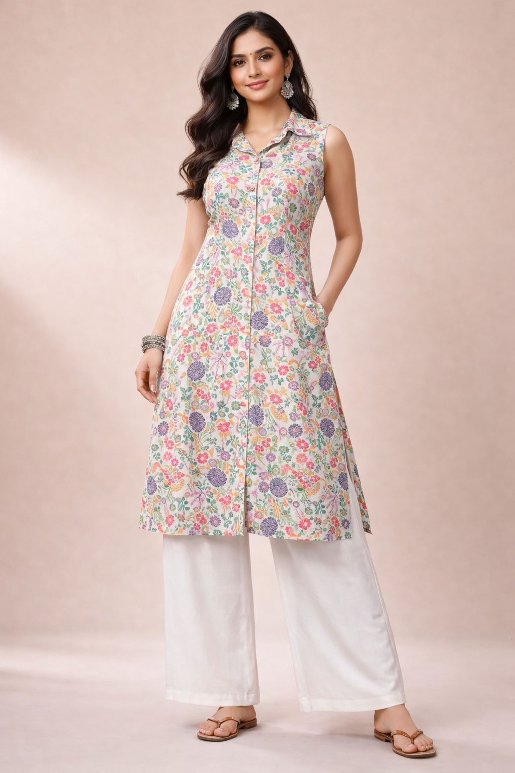 XL Size| Pure Cotton Collar Sleeveless Printed Kurti| White