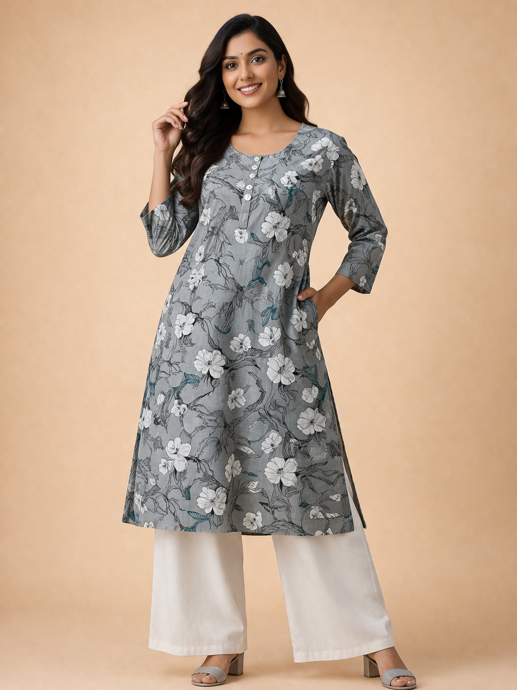 XL Size| Premium Cotton Printed Kurti | Grey