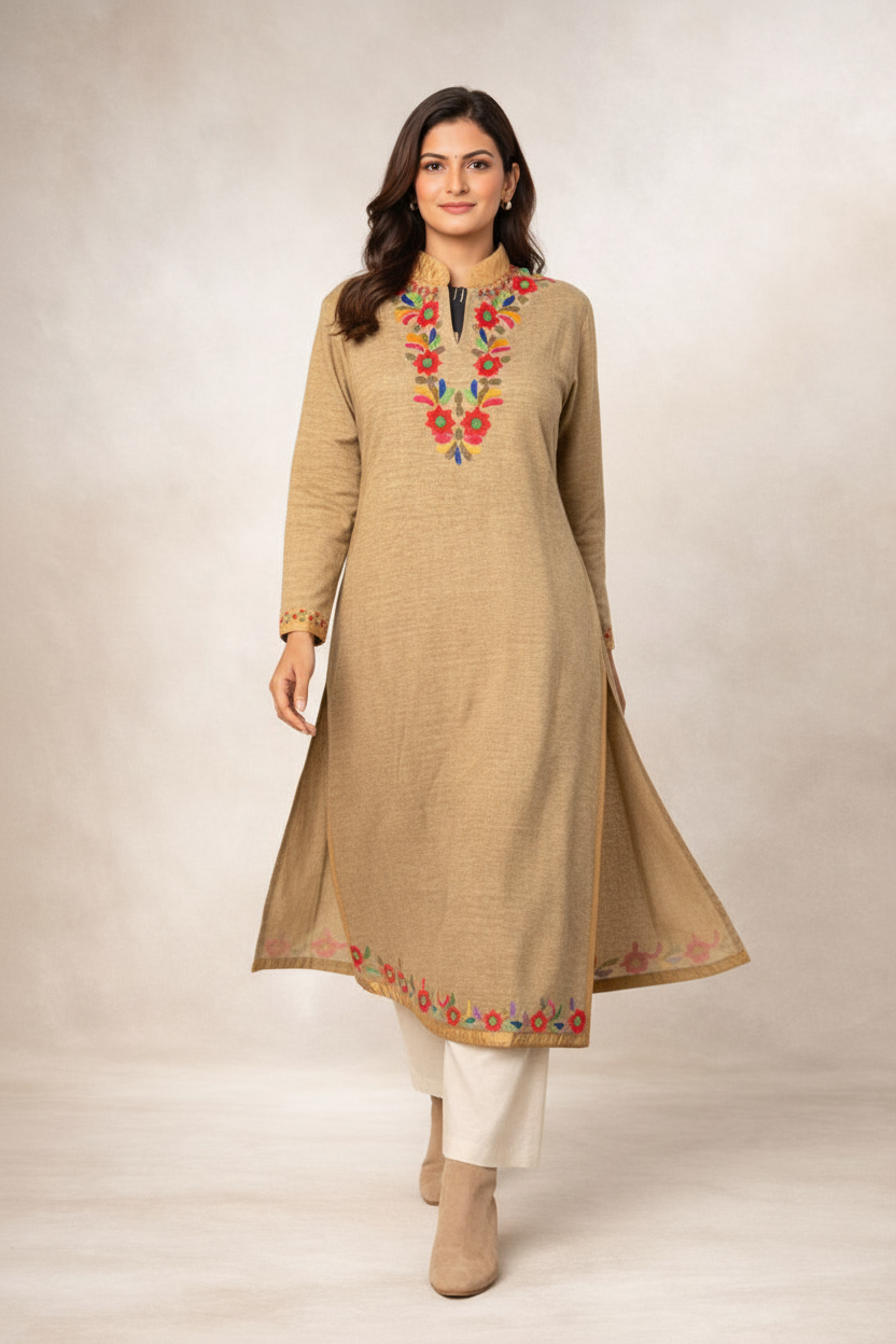Beige Multicolor Embroidered Kurti Movement Shot