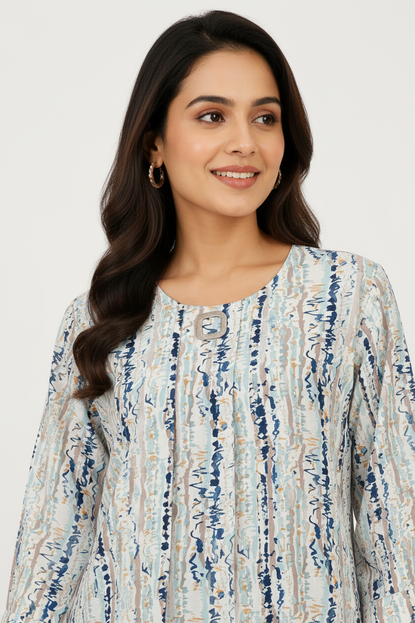 Close-up - blue abstract stripe top neckline