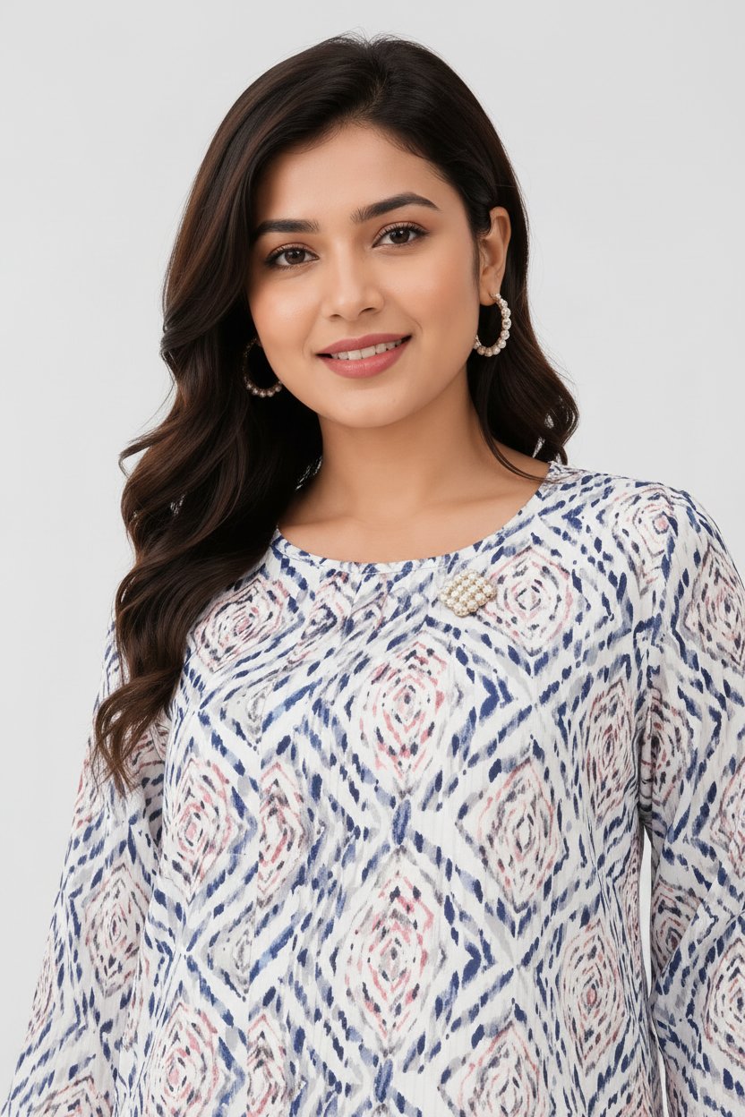 Close-up - blue pink ikat top neckline