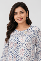 Close-up - blue pink ikat top neckline
