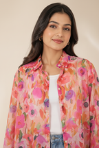 Close-up - bold floral sheer shirt neckline