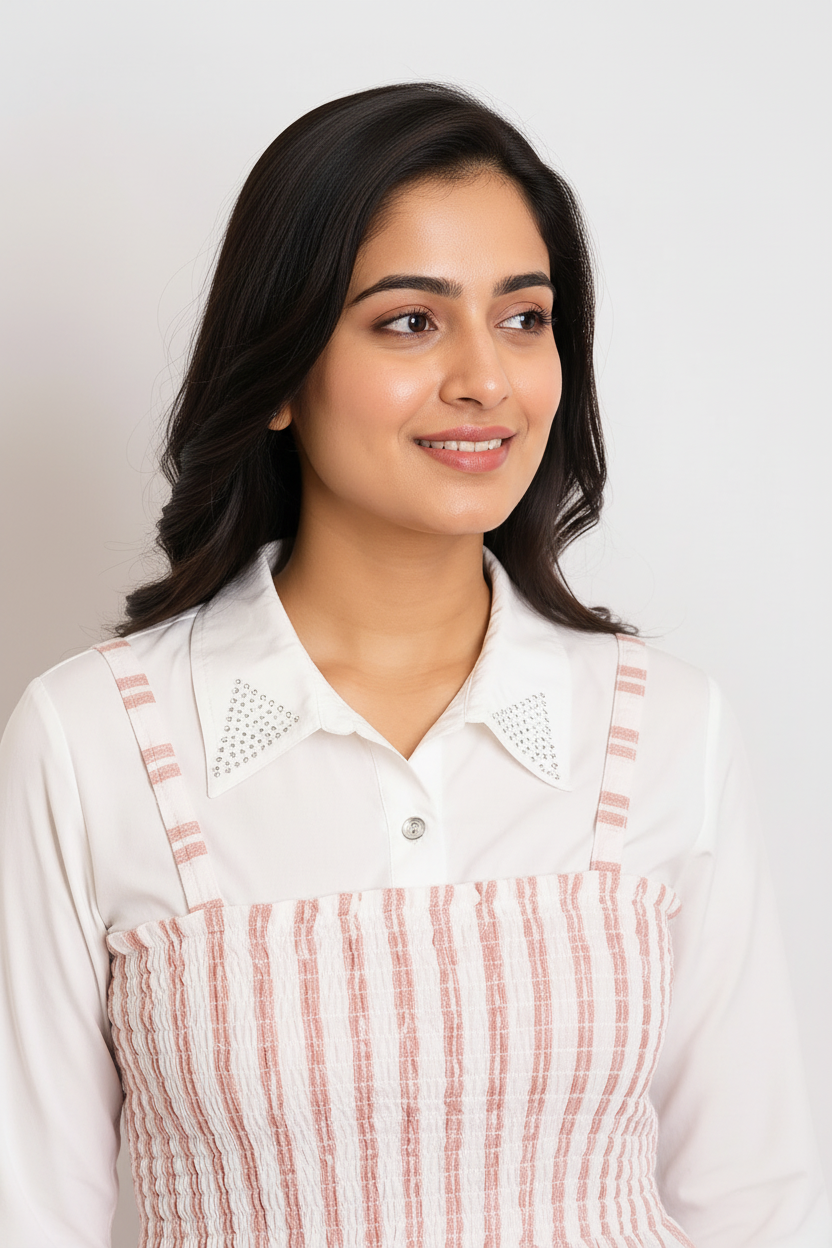 Close-up - embellished collar pink stripe top