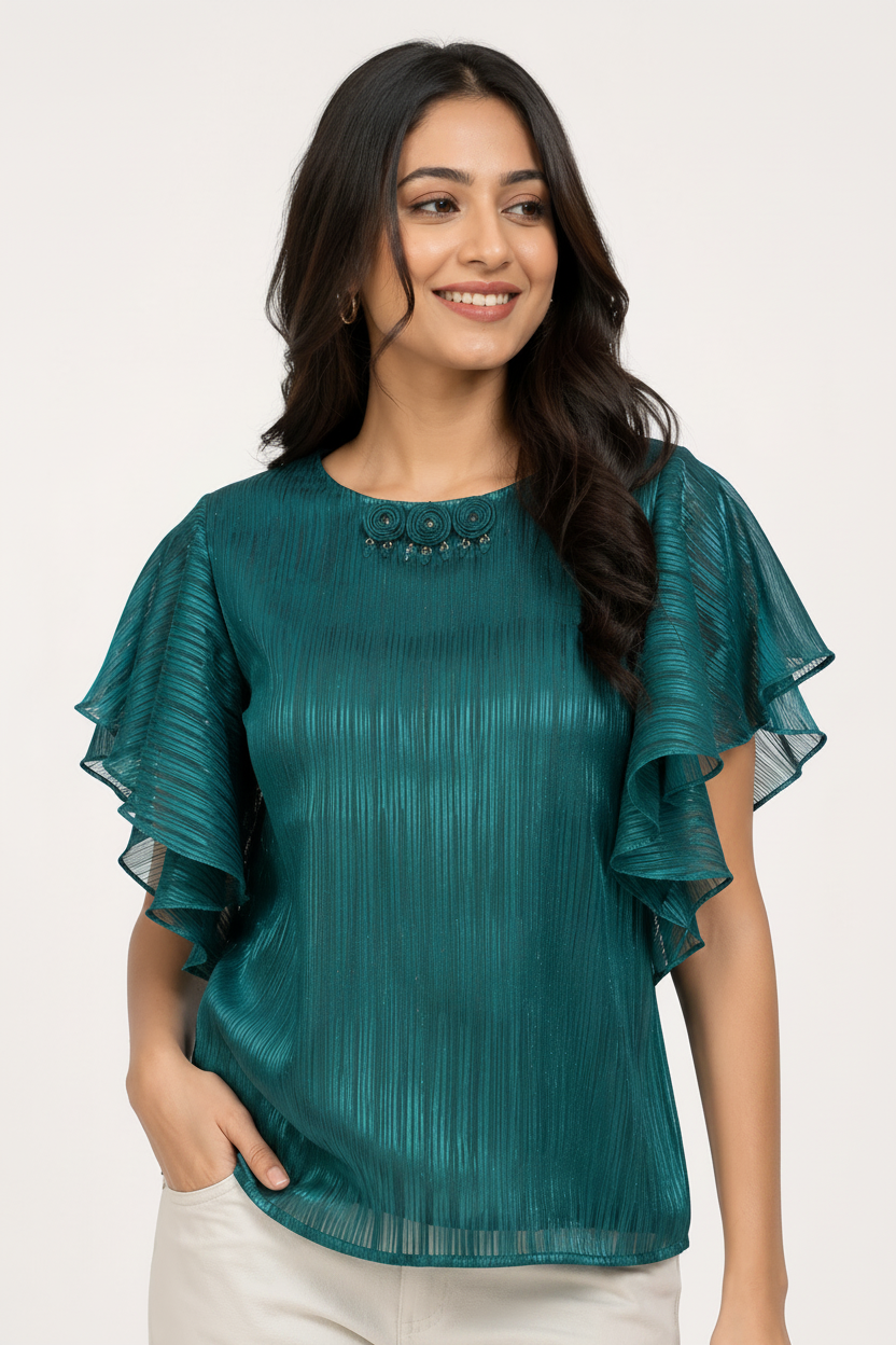 Close-up - floral bead neckline teal shimmer top
