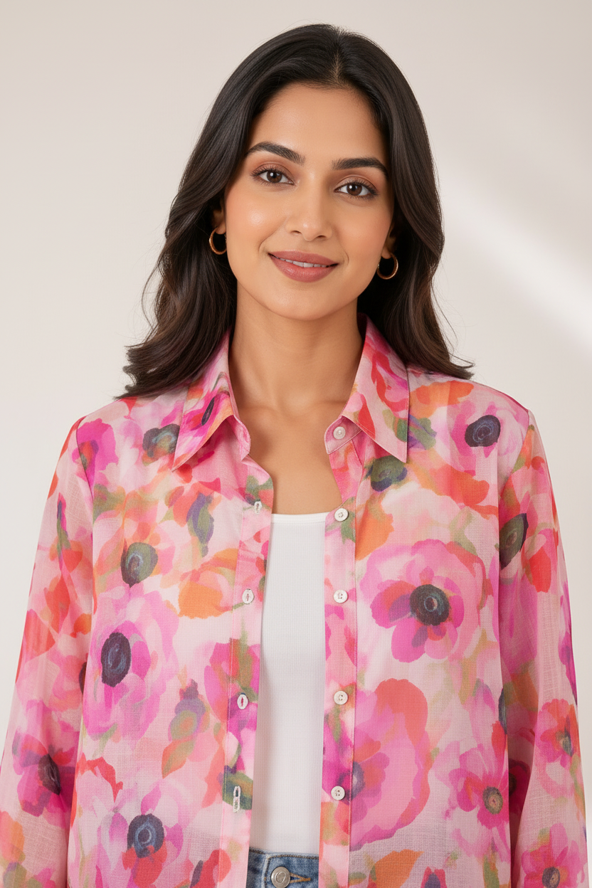 Close-up - hot pink navy poppy floral shirt