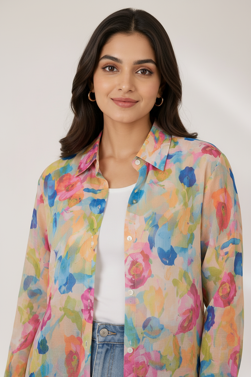 Close-up - multicolour watercolour floral shirt neckline
