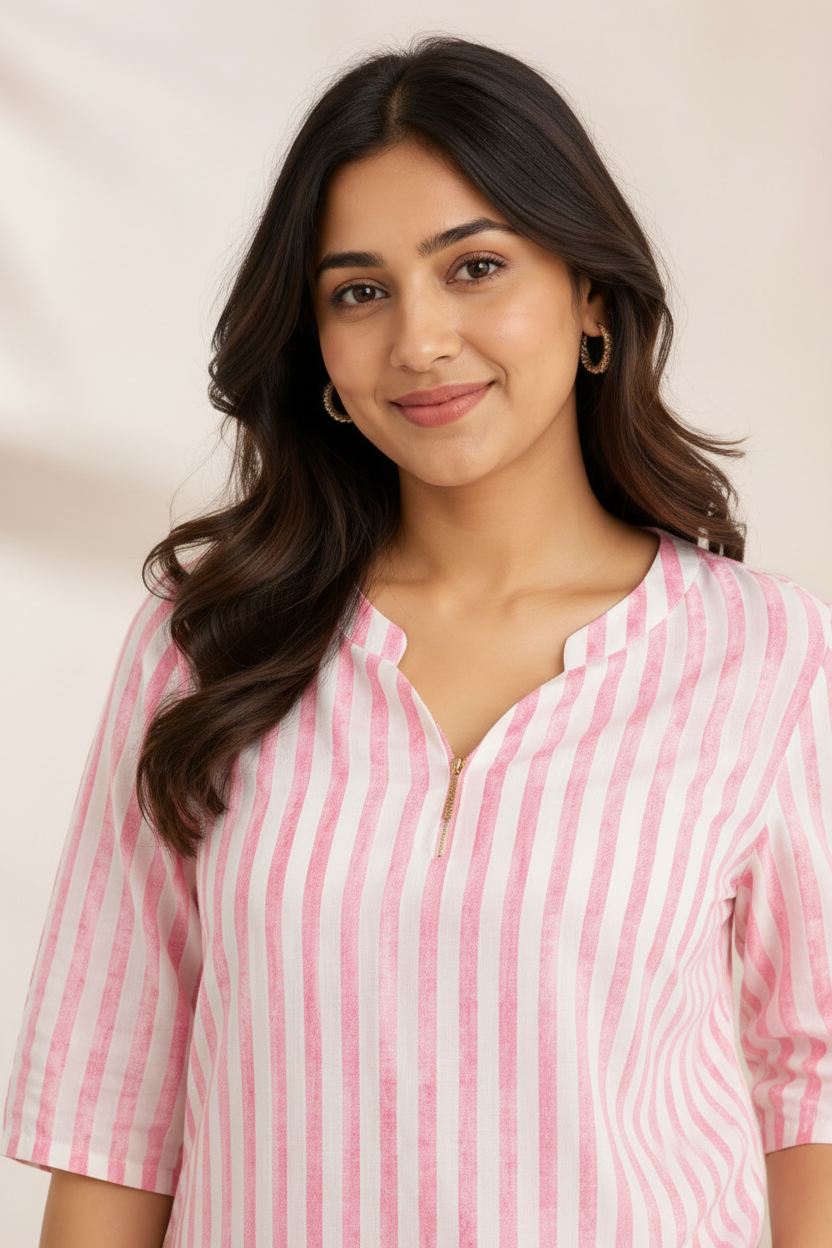 Close-up neckline shot - pink stripe kurti