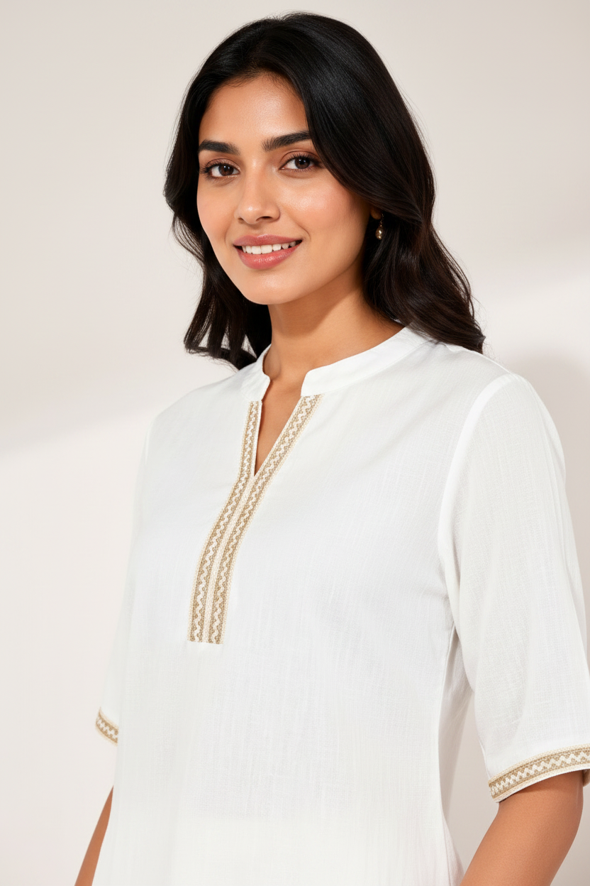 Close-up neckline shot - white kurti