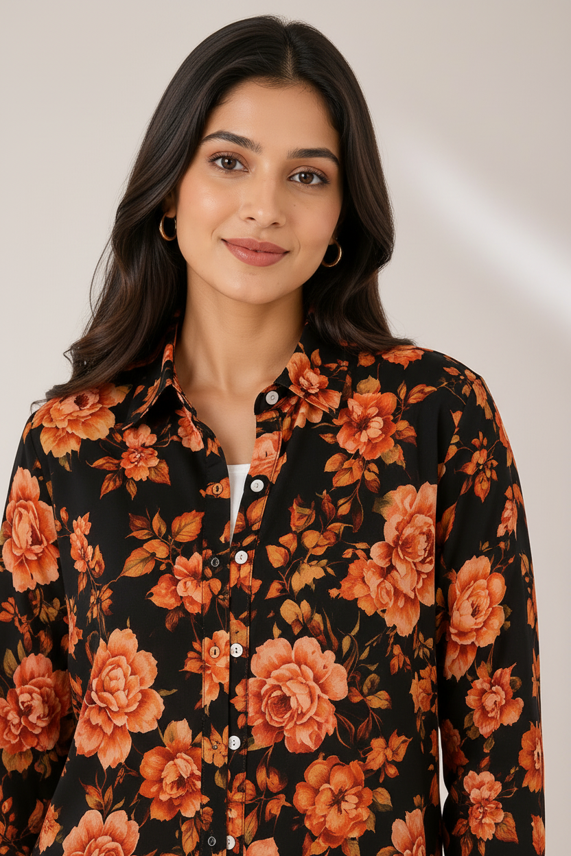 Close-up - orange rose on black floral shirt