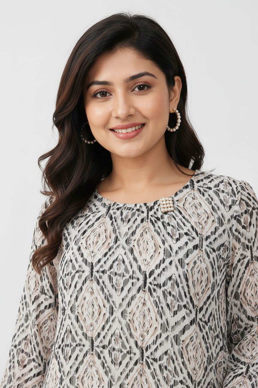 Close-up - pearl neckline black beige ikat top