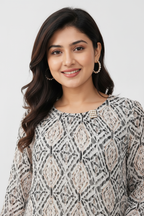 Close-up - pearl neckline black beige ikat top