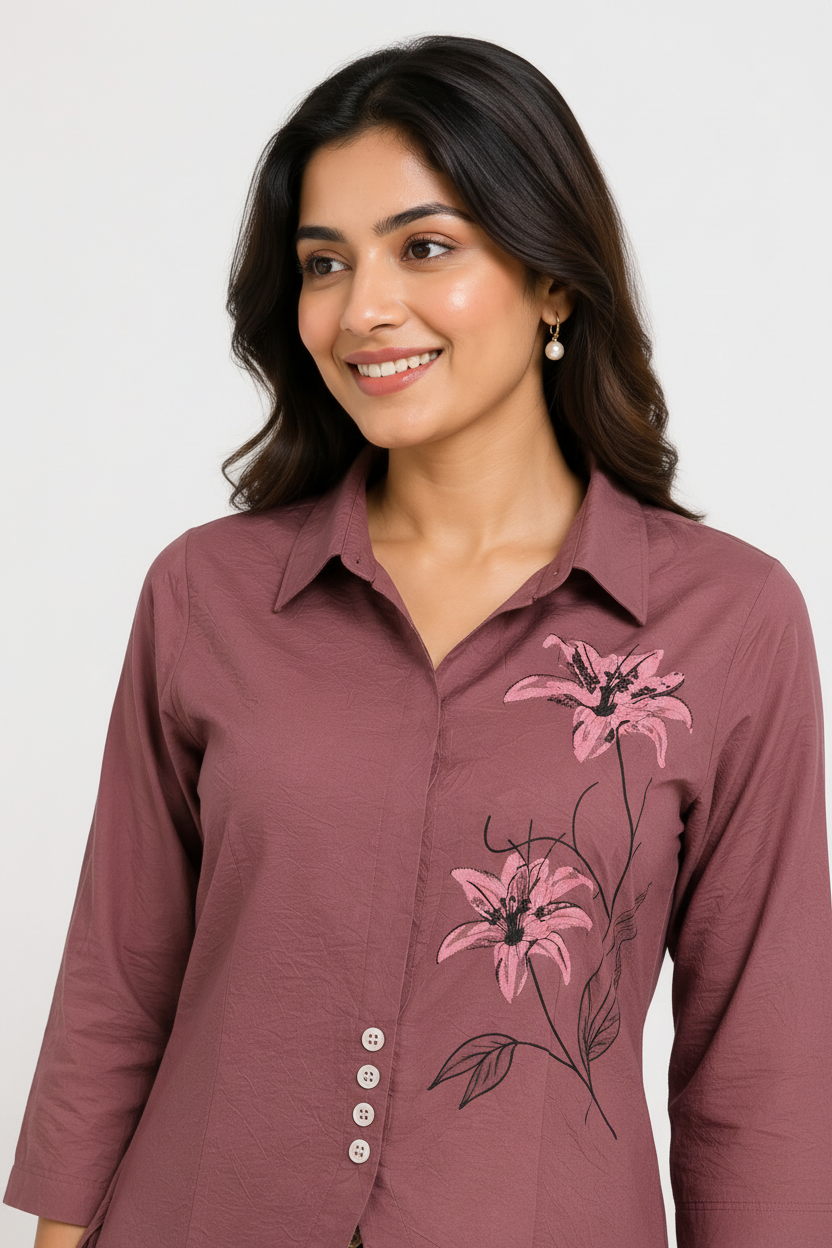 Close-up - pink lily embroidery on mauve