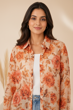 Close-up - rust floral botanical shirt neckline