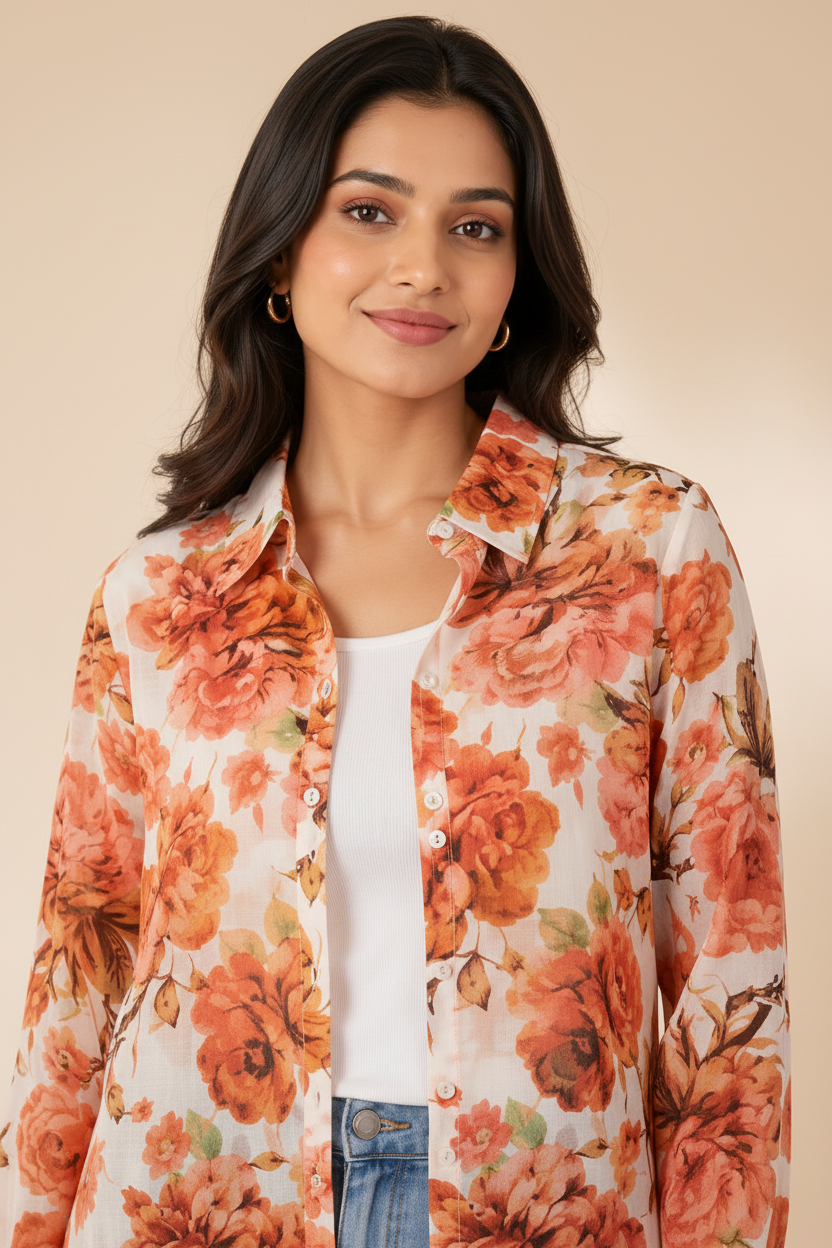Close-up - terracotta rose floral shirt neckline