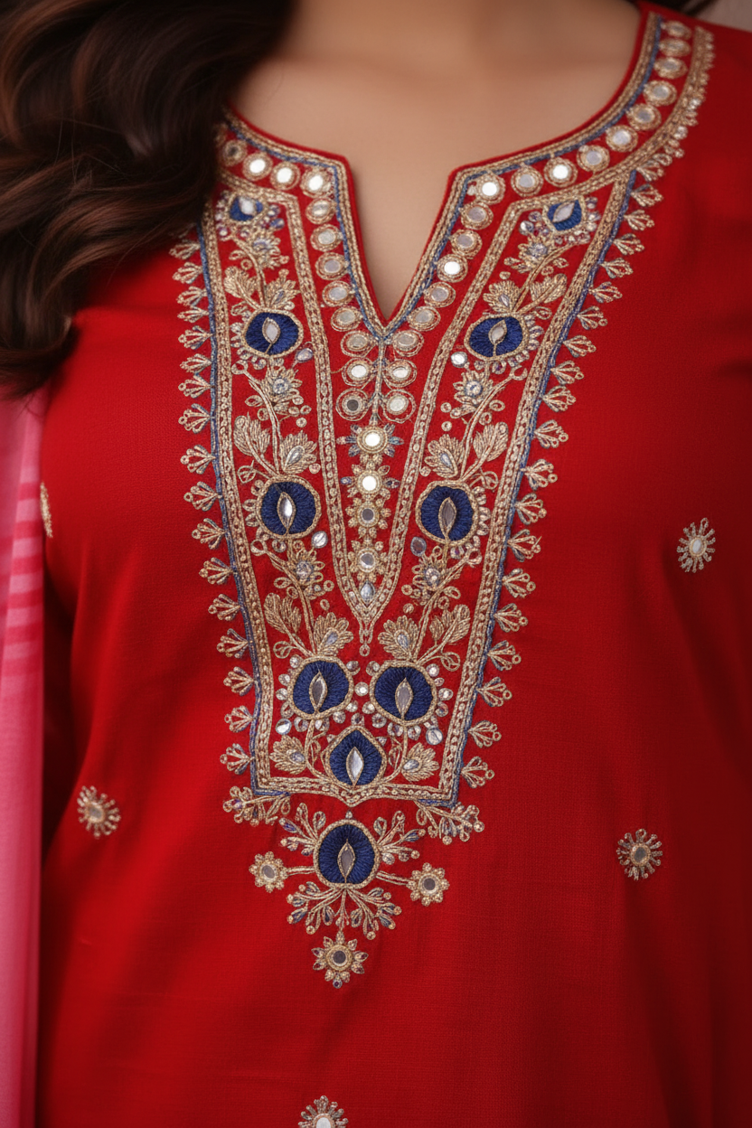 Red embroidered kurti close-up