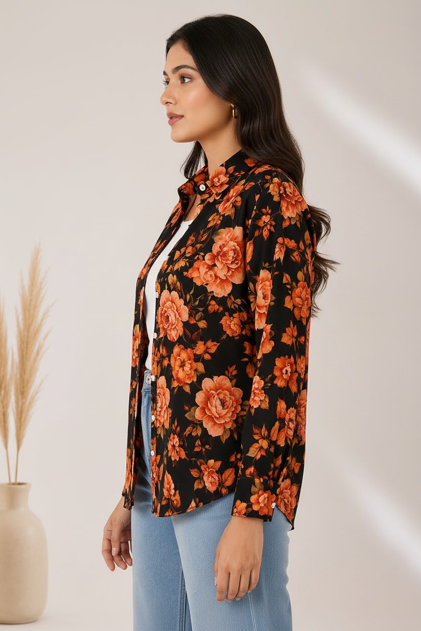 Side profile - black orange rose floral shirt