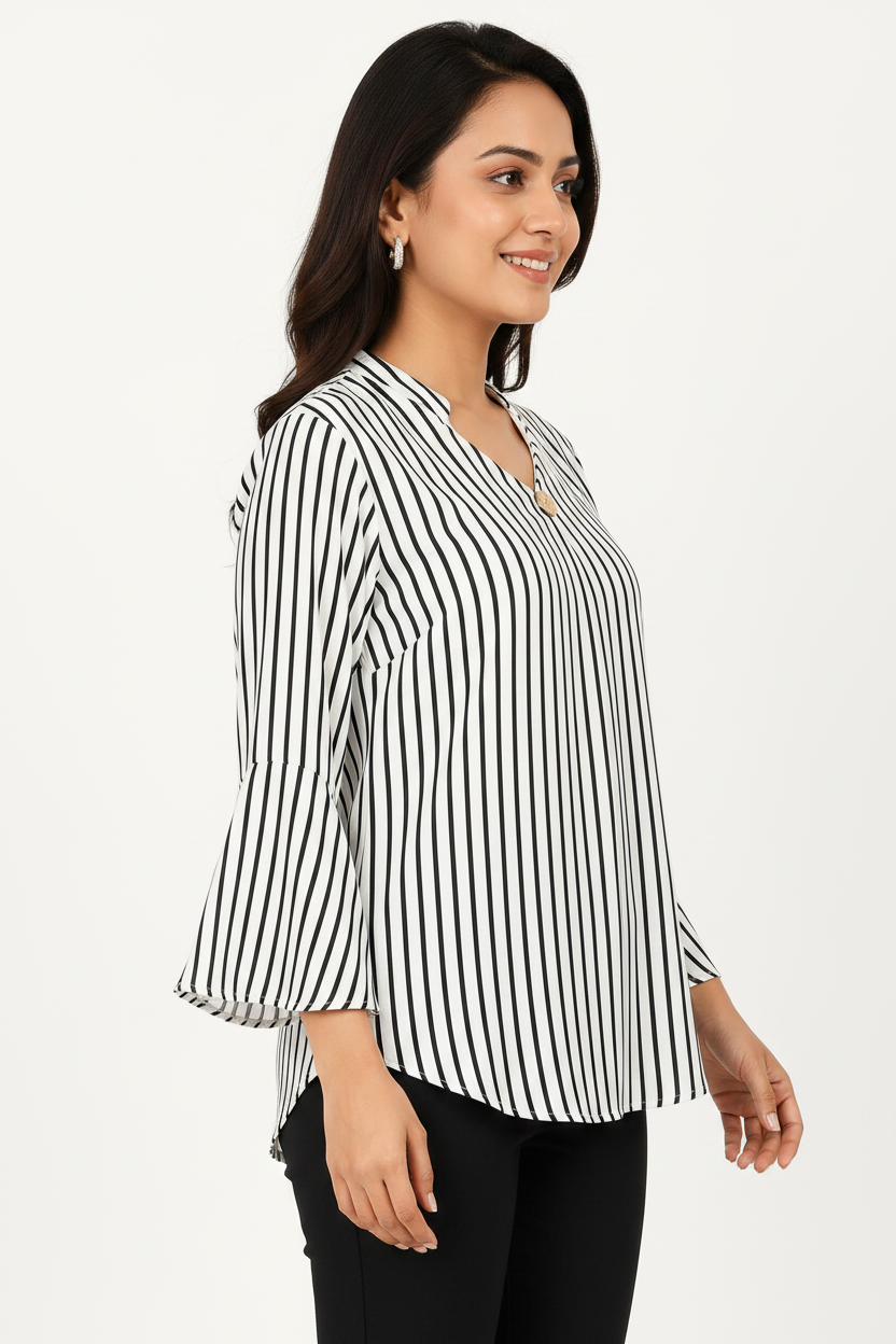 Side profile - black white stripe bell sleeve top
