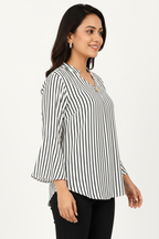 Side profile - black white stripe bell sleeve top