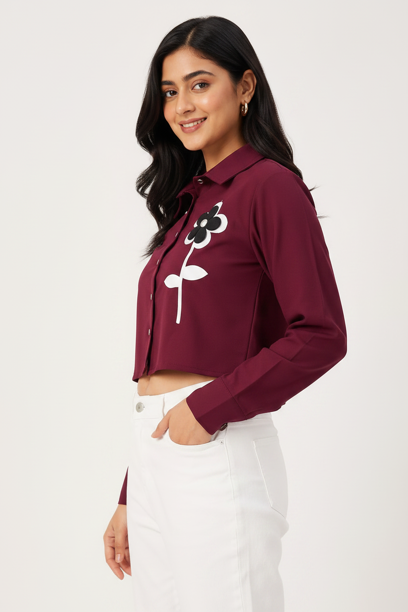 Side profile - burgundy cropped floral shirt