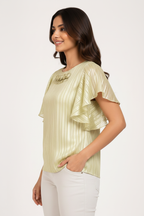 Side profile - champagne gold pleated ruffle top