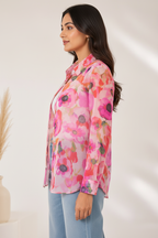 Side profile - hot pink poppy abstract floral shirt