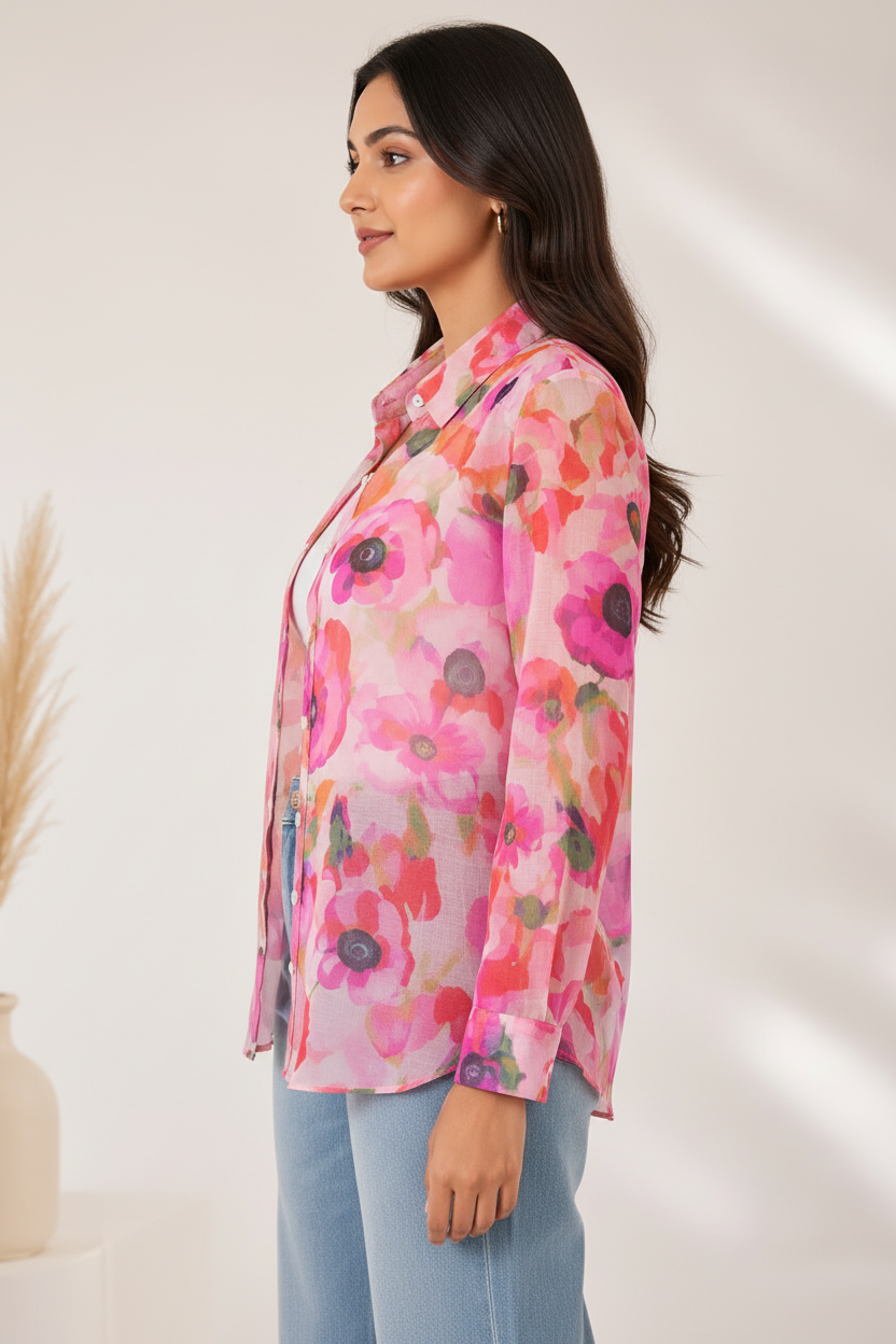 Side profile - hot pink poppy abstract floral shirt