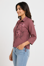 Side profile - mauve lily embroidery shirt