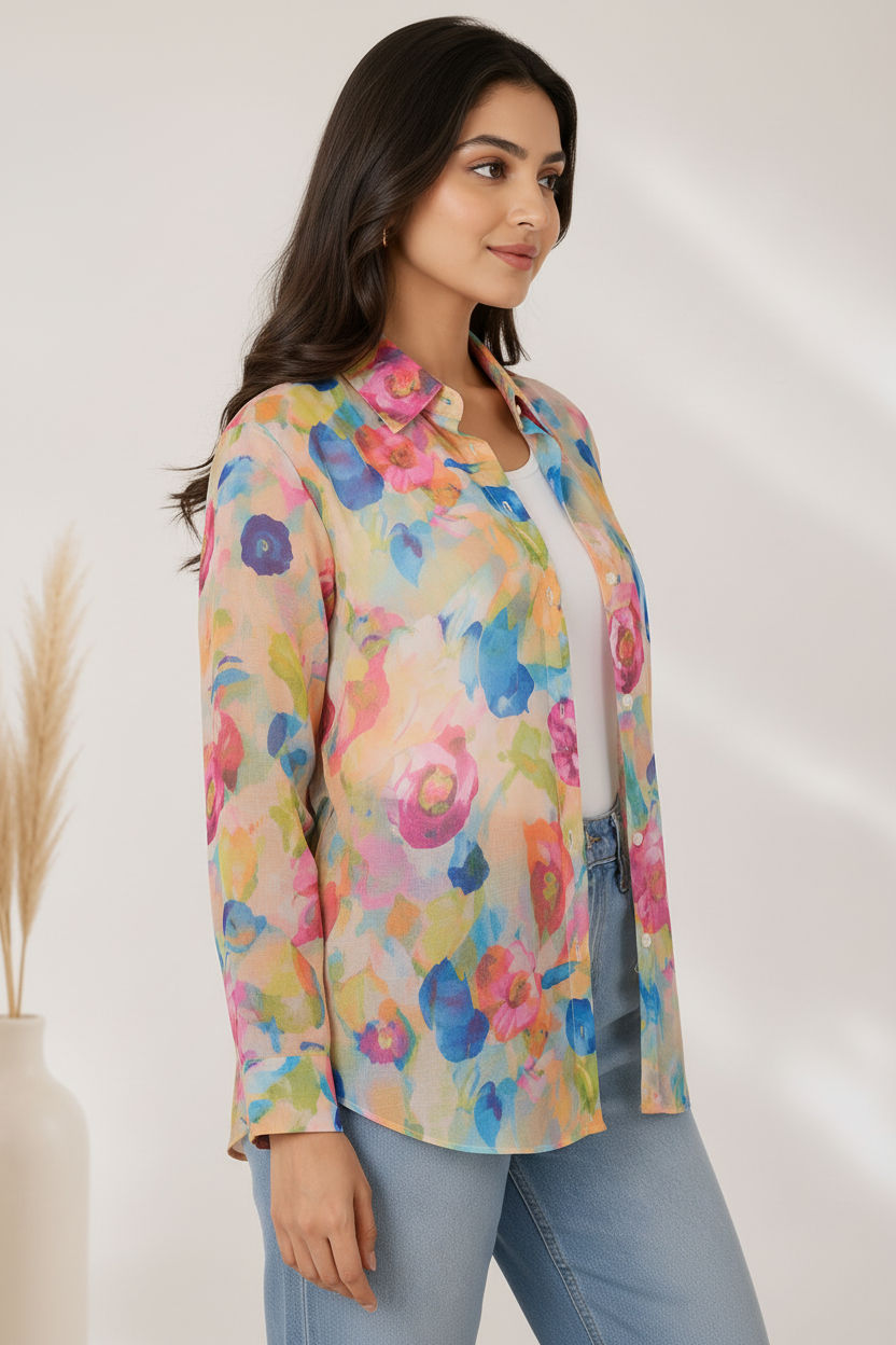 Side profile - multicolour impressionist floral shirt