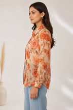 Side profile - peach rust botanical floral shirt